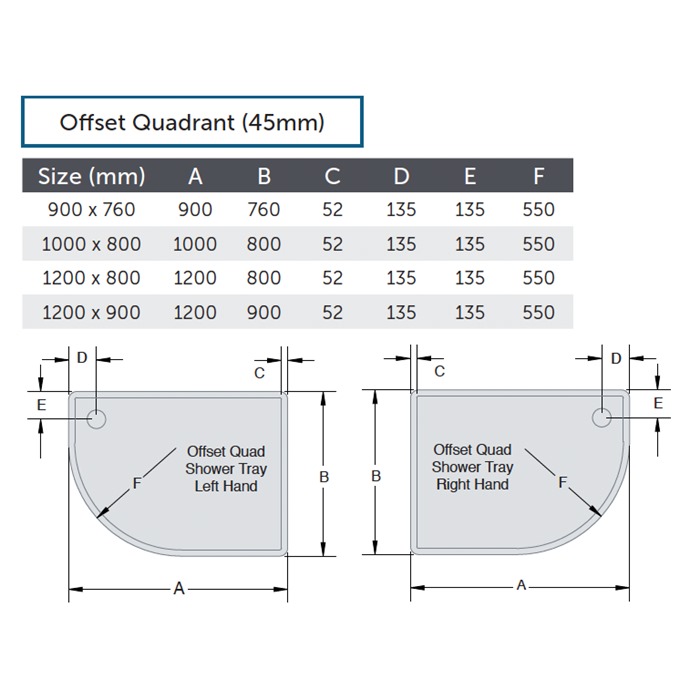 1200 x 800mm R/H Quadrant Shower Tray