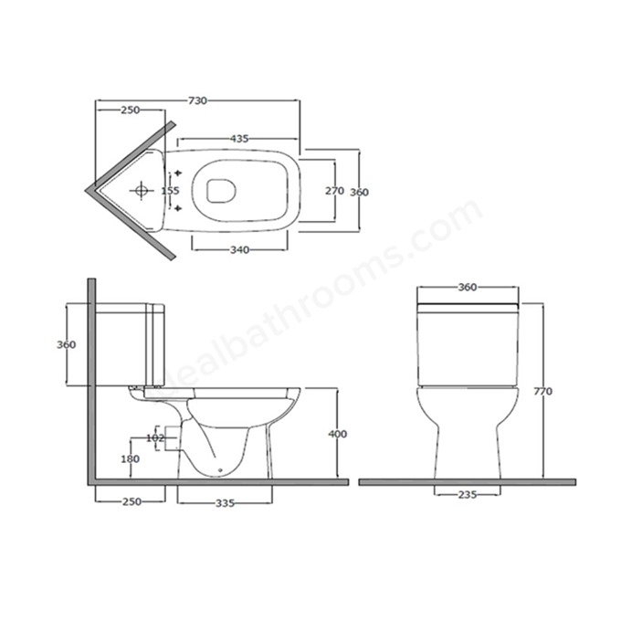 Essential VIOLET Corner Close Coupled Pan + Cistern + Seat Pack; Soft Close Seat; White