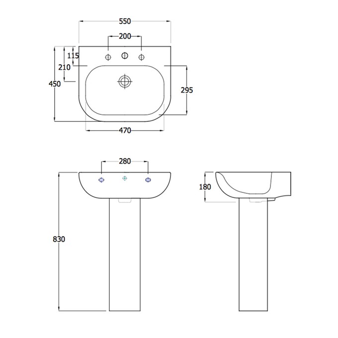 Essential Lily 550mm Pedestal Basin 1 Tap Hole