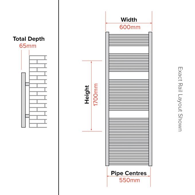 Essential STANDARD Towel Warmer; Straight Tubes; 1700mm High x 600mm Wide; Chrome