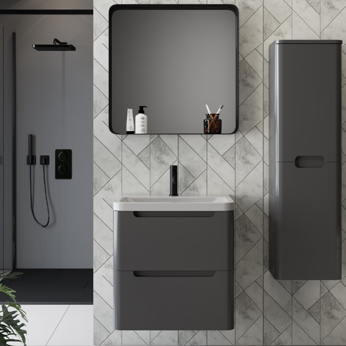 Oblina 600mm Wall Mounted 2 Drawer Unit Matt Anthracite with Ceramic Basin