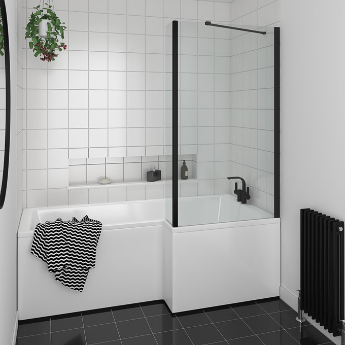 Essential Designer 1400mm x 850mm x 200mm x 6mm L-Shaped Bath Screen - Matt Black