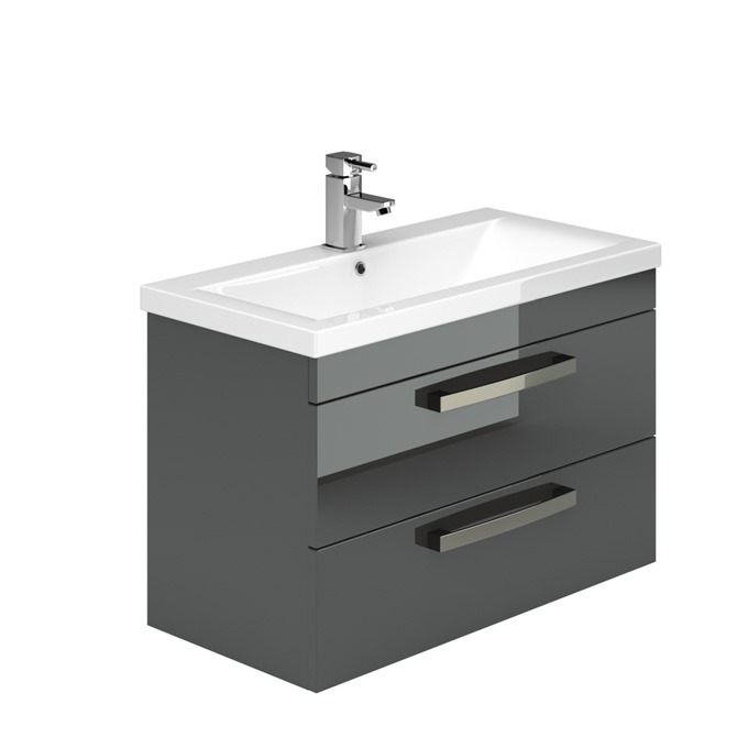 Essential NEVADA Wall Hung Washbasin Unit + Basin; 2 Drawers; 800mm Wide; Grey