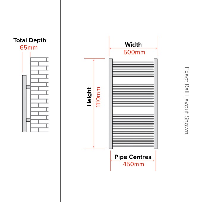 Essential STANDARD Towel Warmer; Curved Tubes; 1110mm High x 500mm Wide; Chrome