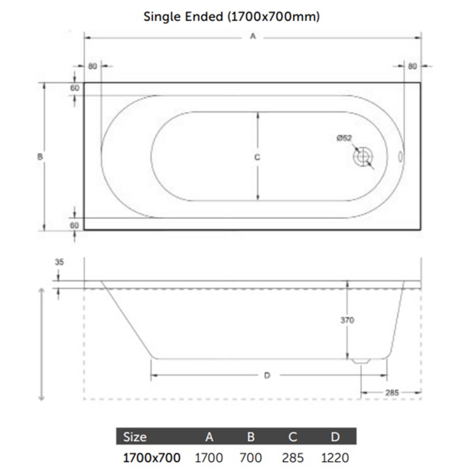 Surf Single Ended bath 1700 x 700mm