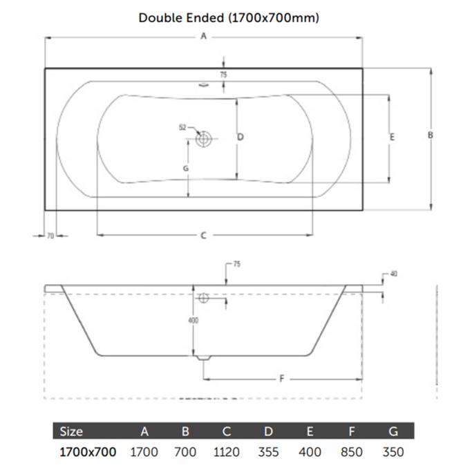 Surf Double Ended bath 1700 x 700mm