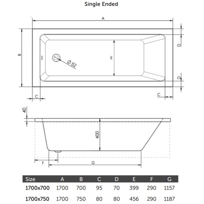 Flow Single Ended Bath 1700 x 700mm