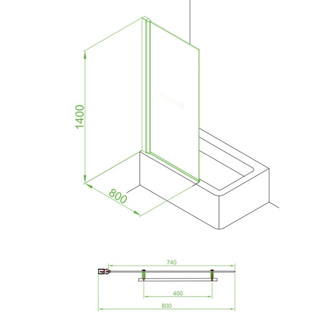 Essential ECLIPSE Square Bath Screen; 800mm Wide x 1400mm High; 6MM Glass