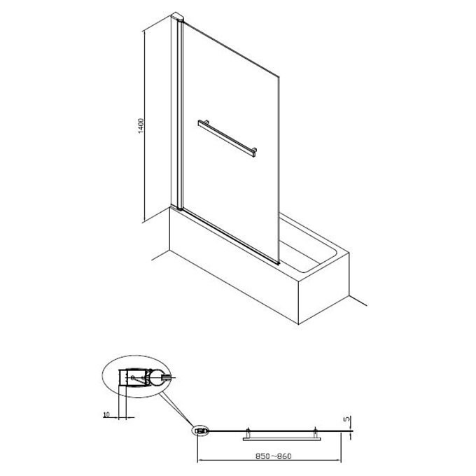 Essential Designer 1400mm x 850mm x 5mm Bath Screen With Handle - Matt Black